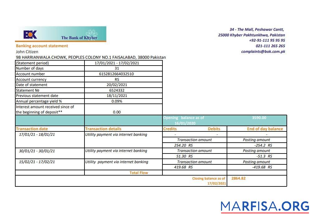 Printable Pakistan The Bank of Khyber bank statement excel template